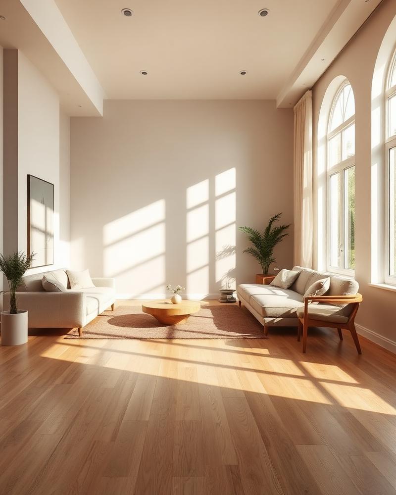 Living room floored with warm oak SPC laminate planks